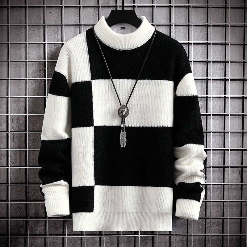 Men's neutral check pattern knit sweater with mock neck, mid-weight casual smart layering style
