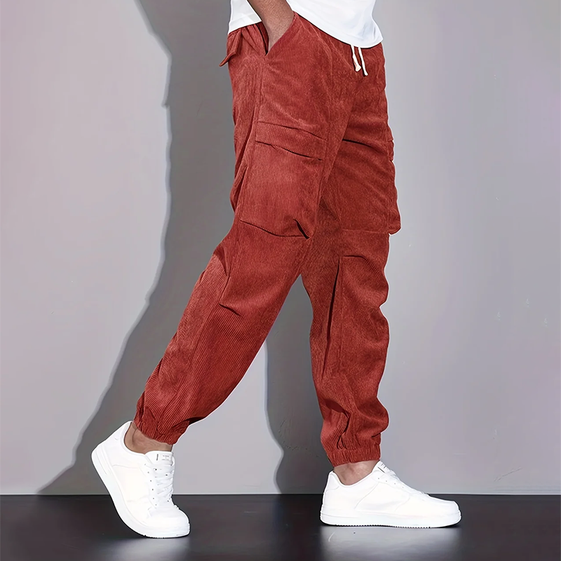Men's brown corduroy cargo jogger pants with drawstring waist and multiple utility pockets