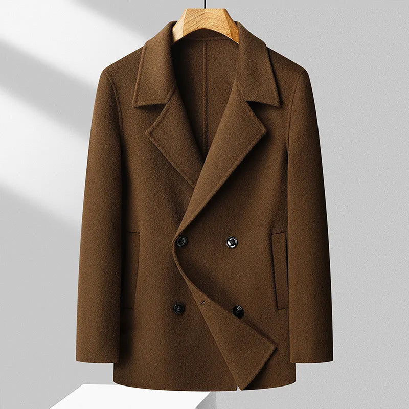 Men's wool blend double-breasted coat wide notch lapels slim polished office everyday wear