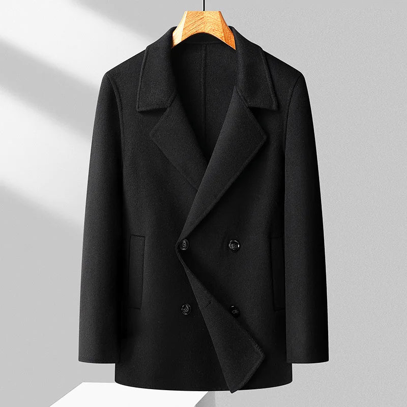 Men's wool blend double-breasted coat wide notch lapels slim polished office everyday wear