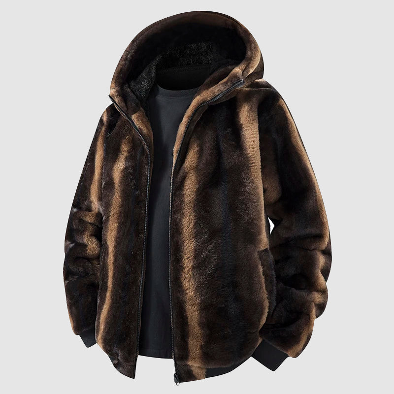 Men's plush faux fur hooded jacket full-zip relaxed fit streetwear outerwear casual bold statement coat