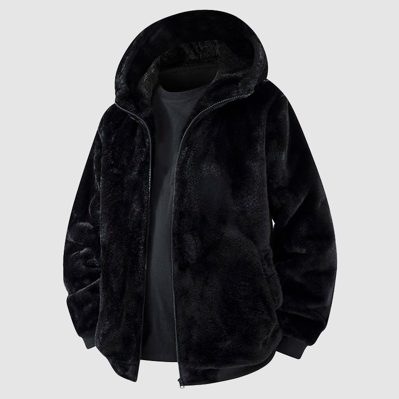 Men's plush faux fur hooded jacket full-zip streetwear casual relaxed fit ultra-warm outerwear