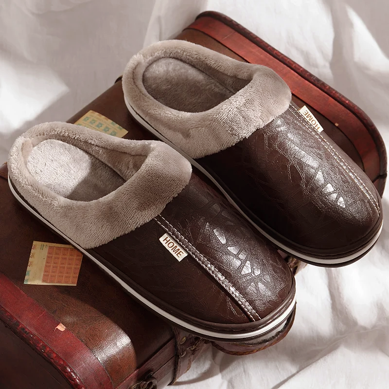 Men's faux leather slip-on slippers with plush fleece lining, waterproof upper, warm indoor shoes
