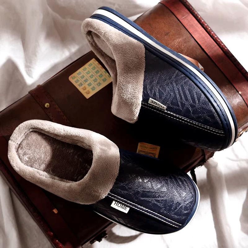 Men's faux leather slip-on slippers with plush fleece lining, waterproof upper, warm indoor shoes