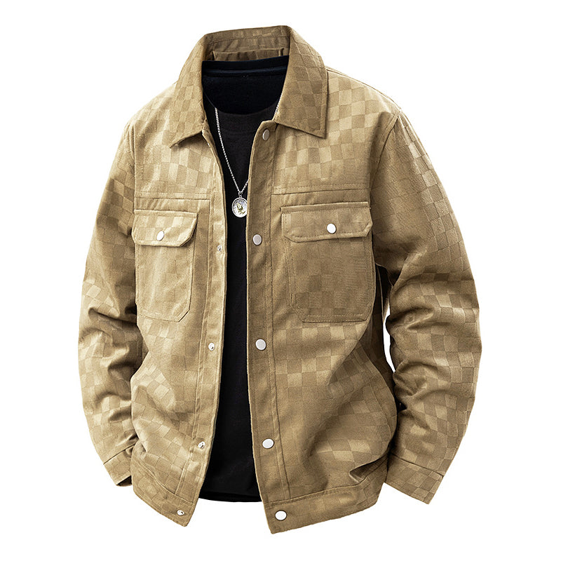 Men's faux suede checkered jacket with button front closure and chest pockets, casual layering style