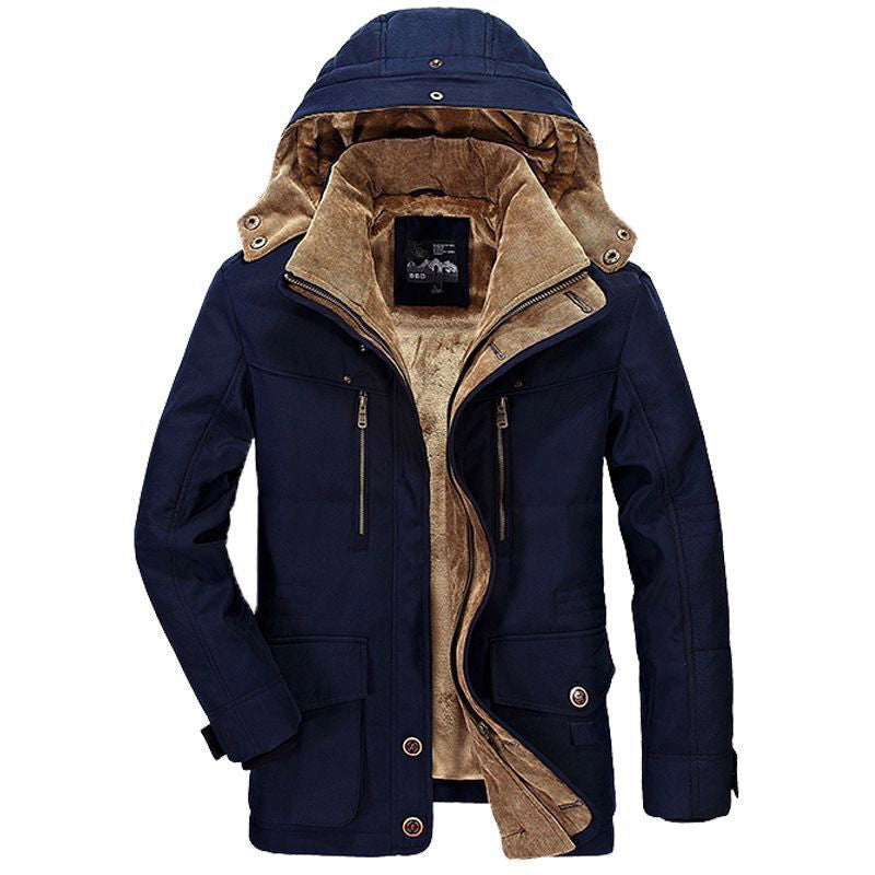 Men's padded fleece winter jacket with detachable hood, stand collar, deep pockets, durable shell