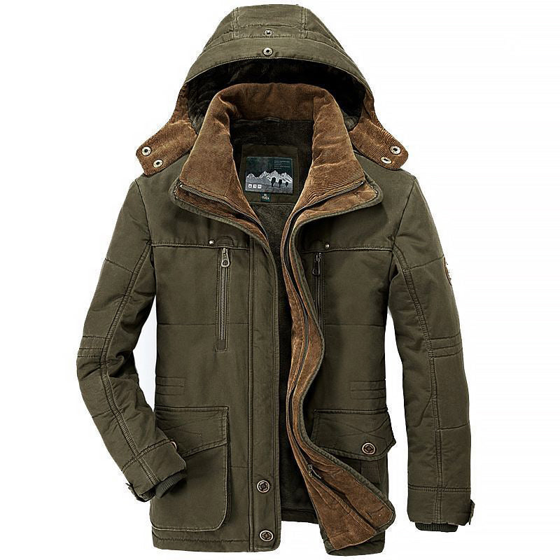 Men's padded fleece winter jacket with detachable hood, stand collar, deep pockets, durable shell