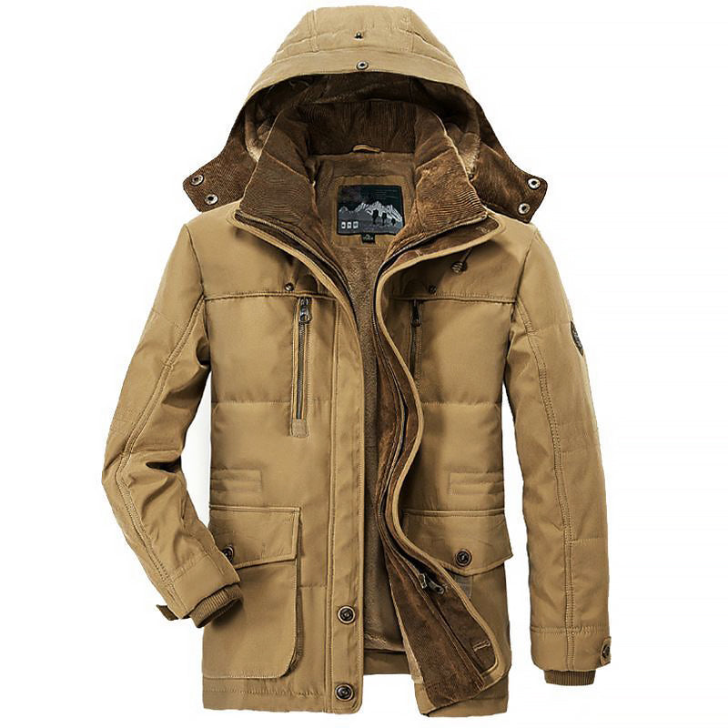 Men's padded fleece winter jacket with detachable hood, stand collar, deep pockets, durable shell