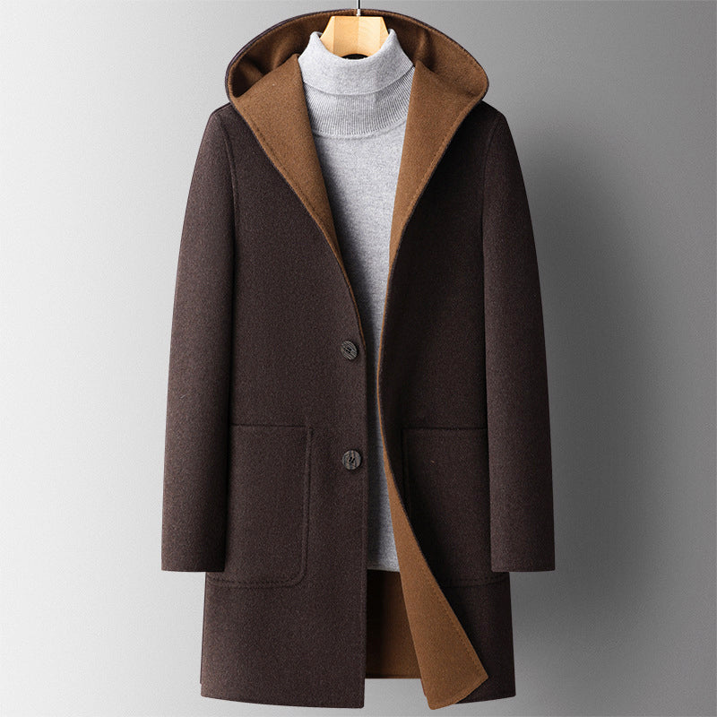 Men's reversible wool-blend hooded coat slim fit mid-length black gray two-tone outerwear