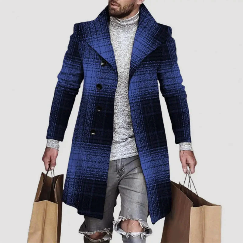 Men's long plaid overcoat notched lapel tailored fit mid-thigh length elegant heritage style