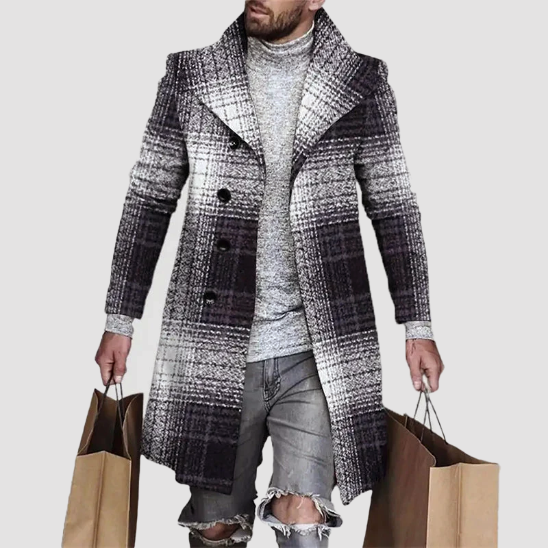 Men's long plaid overcoat notched lapel tailored fit mid-thigh length elegant heritage style