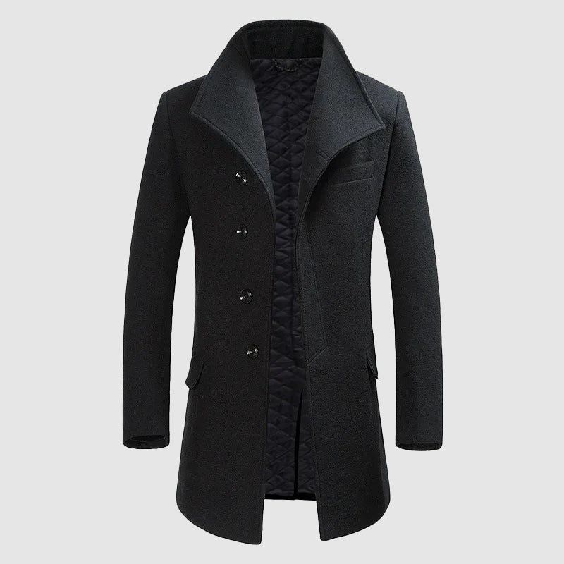 Men's charcoal Merino wool blend overcoat tailored fit high stand-up collar formal style