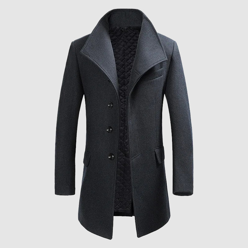 Men's charcoal Merino wool blend overcoat tailored fit high stand-up collar formal style