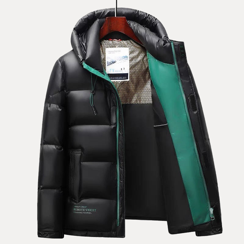 Men's navy duck down puffer jacket weather-resistant slim fit lightweight winter insulation