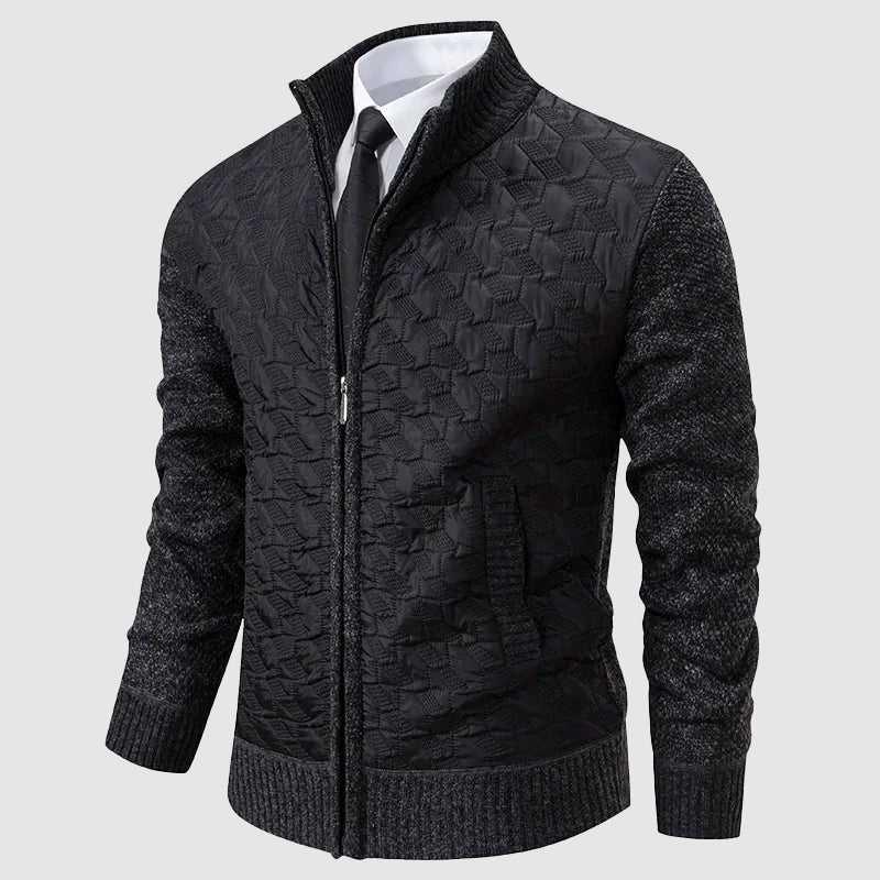 Men's quilted knit jacket stand collar zip front smart-casual textured sleeves modern layer