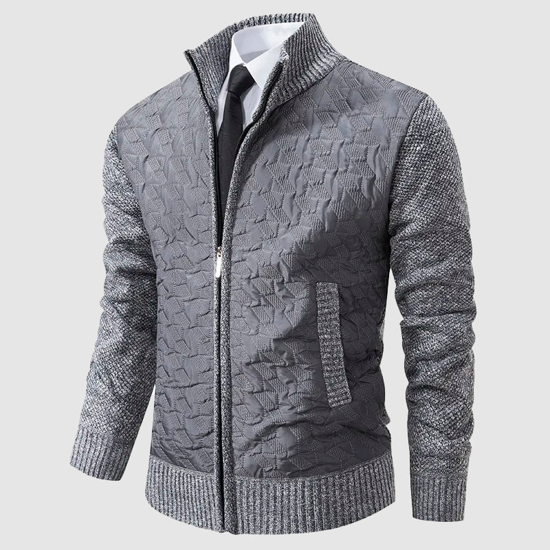 Men's quilted knit jacket stand collar zip front smart-casual textured sleeves modern slim fit