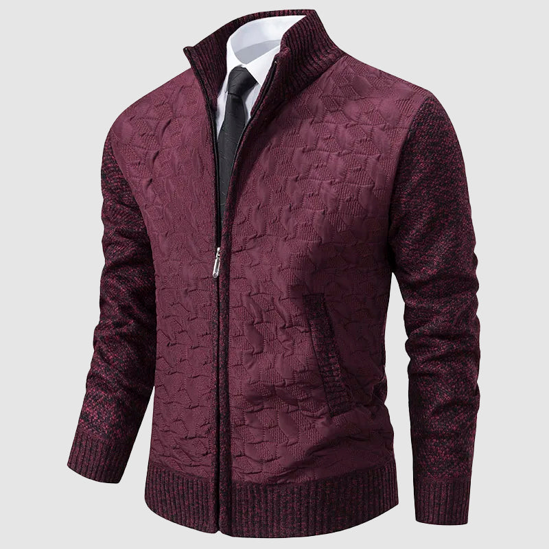 Men's quilted knit jacket stand collar zip-front smart-casual layer textured front cozy knit sleeves