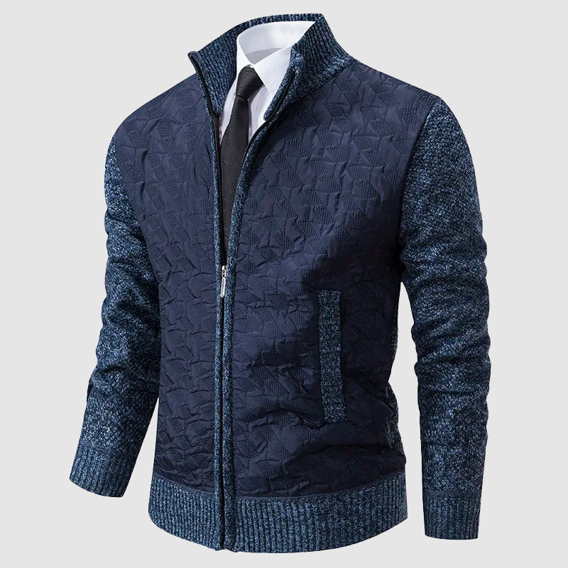 Men's quilted knit jacket stand collar zip front smart-casual textured sleeves modern layering piece