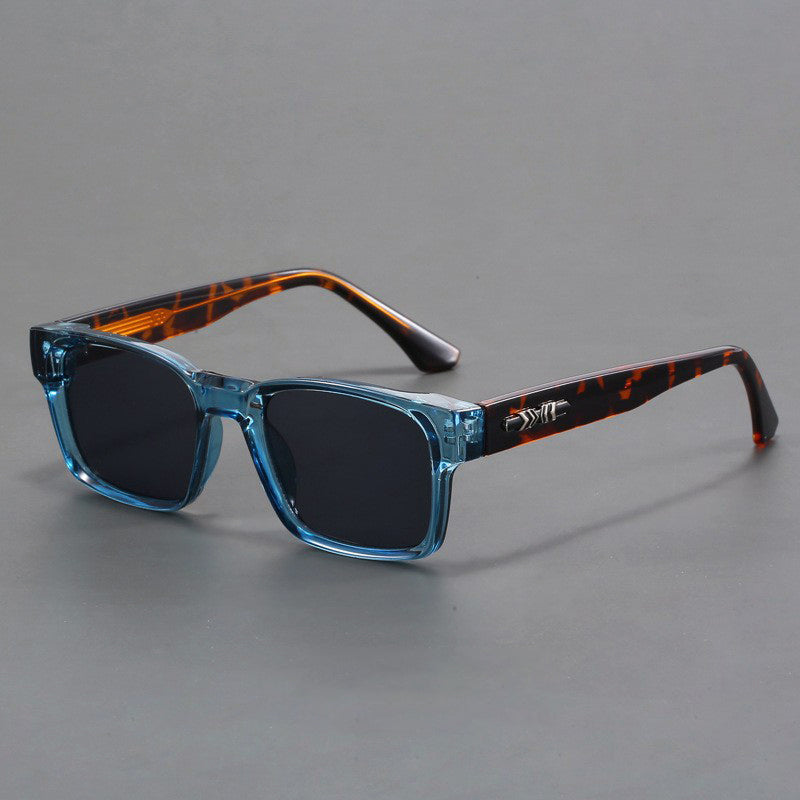 Men's rectangular street style sunglasses black blue frame gray UV400 lenses modern urban eyewear