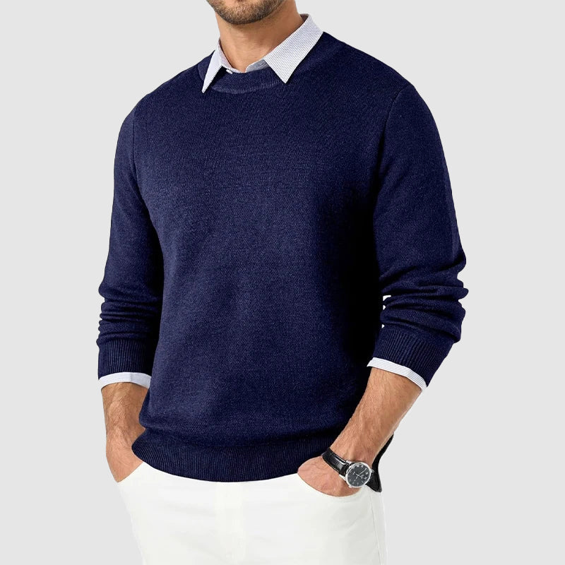 Men's regular fit crew neck knit sweater in classic tones, smart casual layering piece by Wavlynn