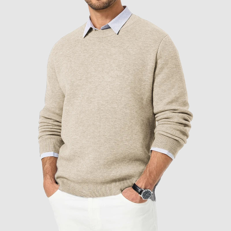 Men's regular fit crew neck knit sweater in neutral tone, smart casual layering piece by Wavlynn
