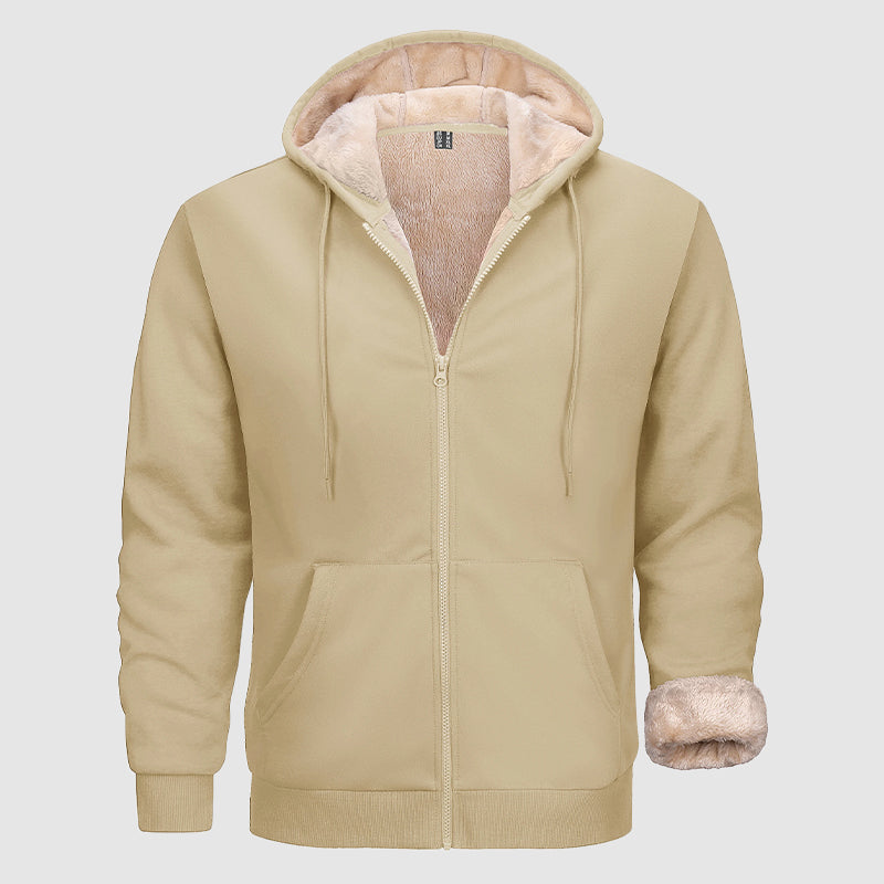 Men's olive zip hoodie sherpa-lined fleece with multi-pocket design for cold weather outerwear