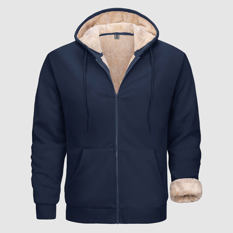 Men's olive zip hoodie with sherpa lining, multi-pocket design, cold weather outerwear by Wavlynn