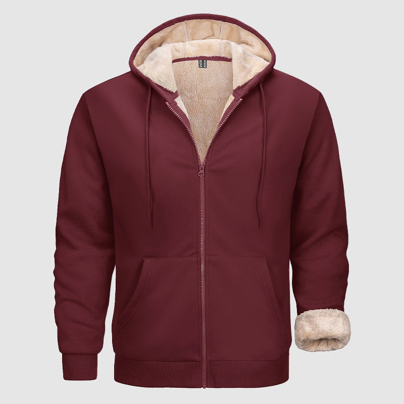 Men's olive zip hoodie with plush sherpa lining, multi-pocket design, and smooth outer shell for cold weather