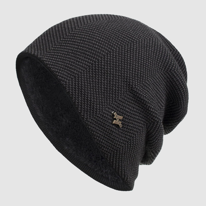 Men's gray textured knit slouch beanie with fleece lining, acrylic winter hat casual style