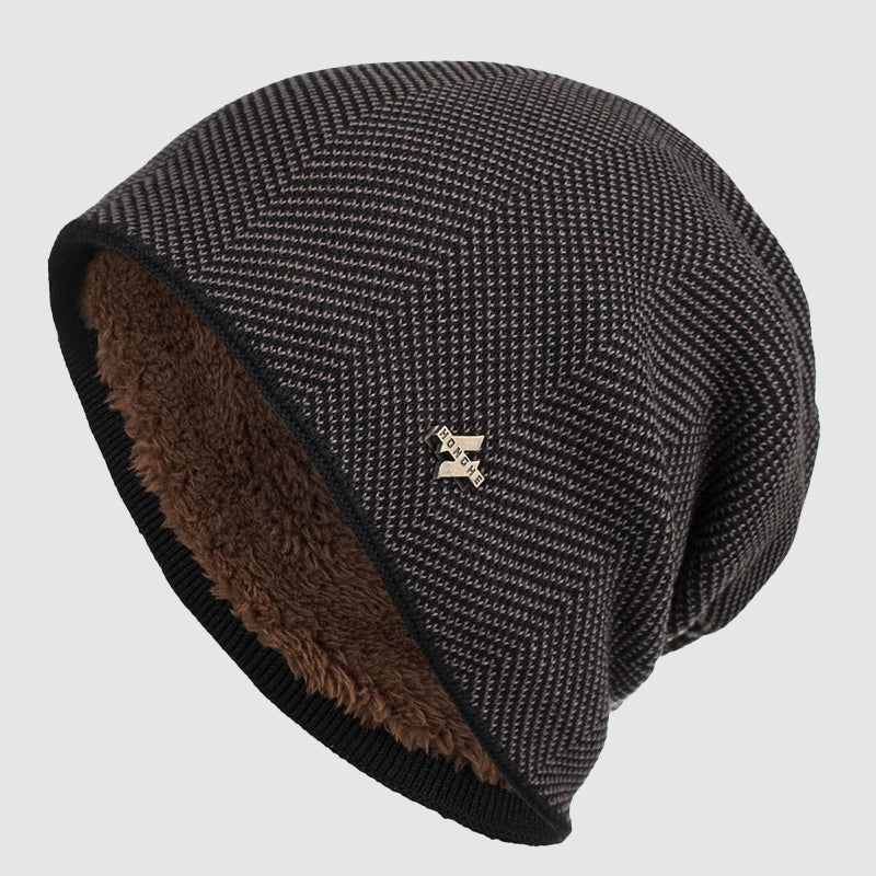 Men's gray textured acrylic knit slouch beanie with fleece lining, casual winter style