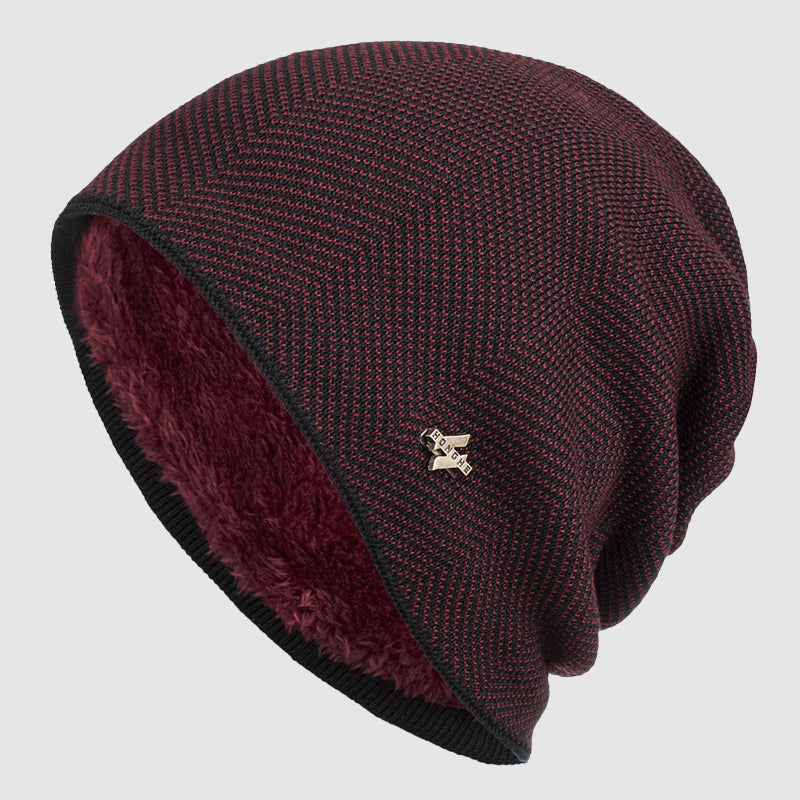 Men's gray textured knit slouch beanie with fleece lining, acrylic winter hat casual style