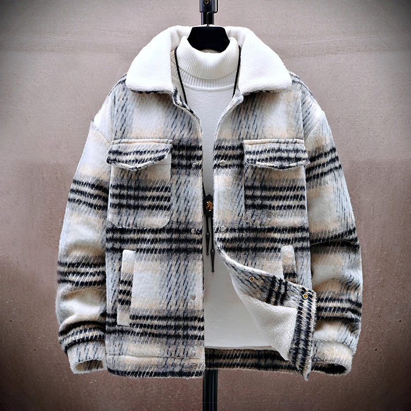 Men's plaid winter jacket with warm fleece lining and plush collar, outdoor style