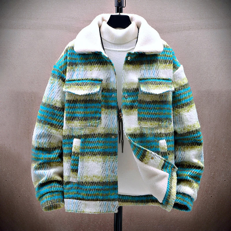Men's winter plaid jacket with warm fleece lining and plush collar, outdoor style