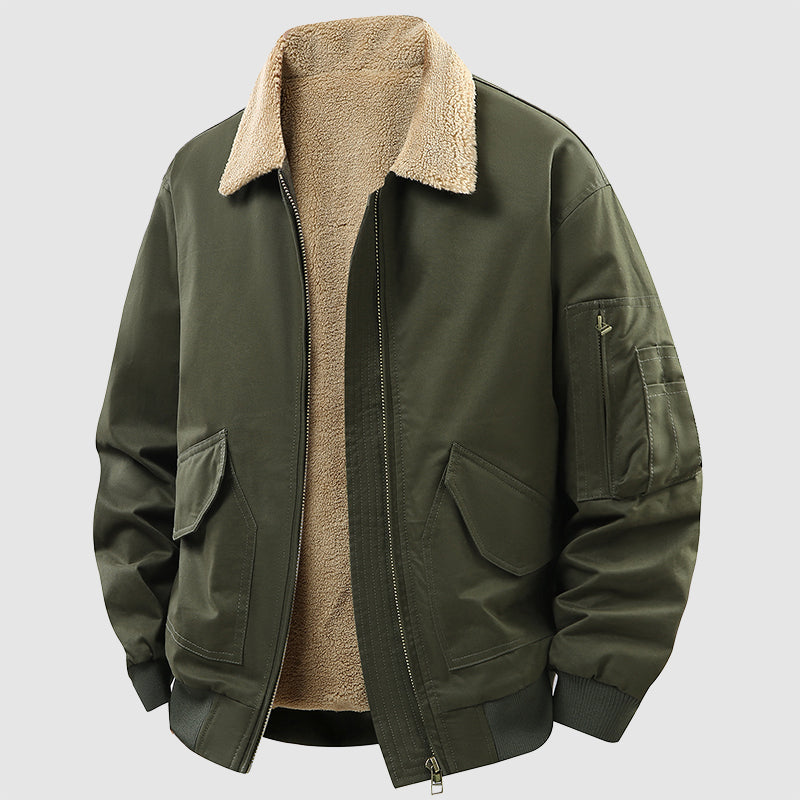 Men's thick cotton bomber jacket with fleece lining, zip front, warm winter style in neutral tone