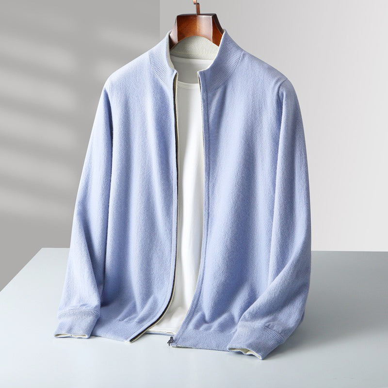 Men's wool zip-up cardigan stand collar slim casual layering sweater in neutral tone