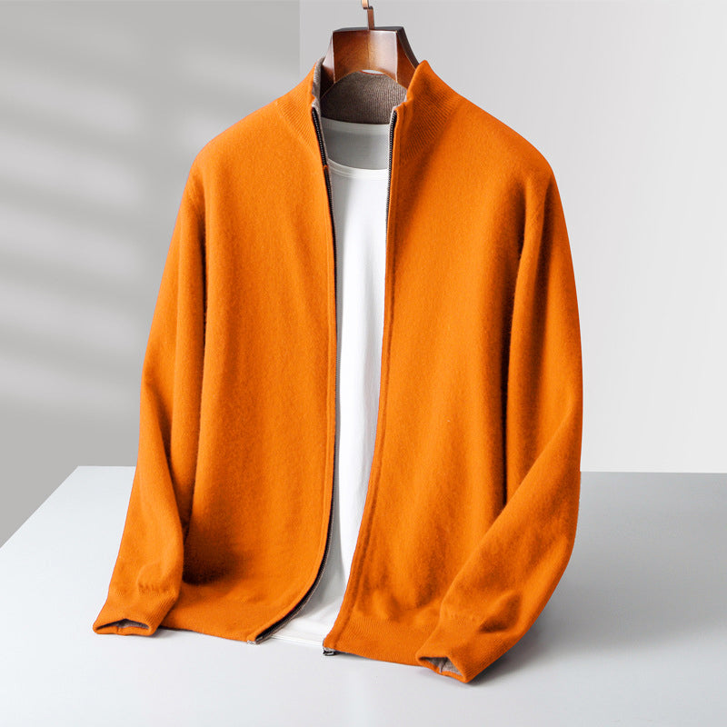 Men's wool zip-up cardigan stand collar slim fit layered casual everyday style natural warmth