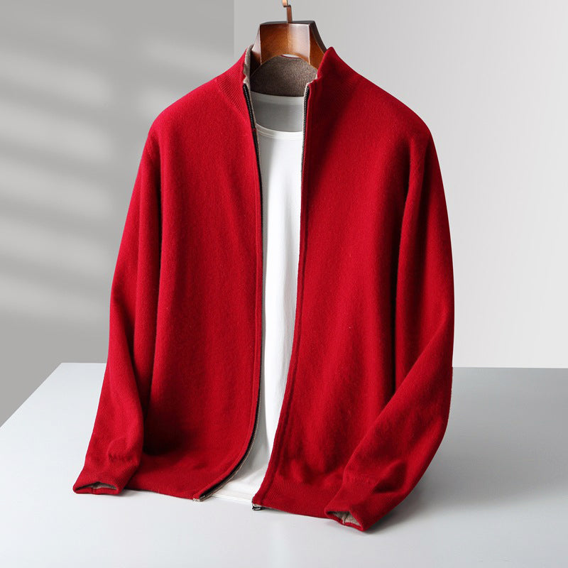 Men's wool zip-up cardigan stand collar slim fit layered casual style in neutral tone