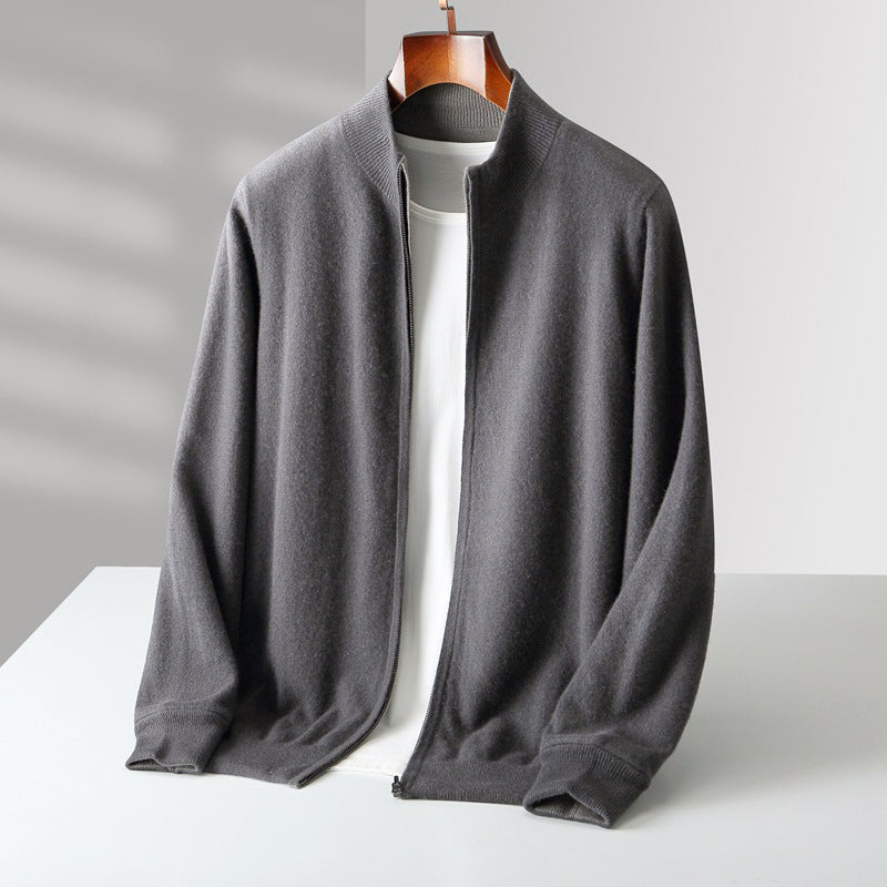Men's wool zip-up cardigan stand collar slim-fit layering piece in neutral everyday casual style