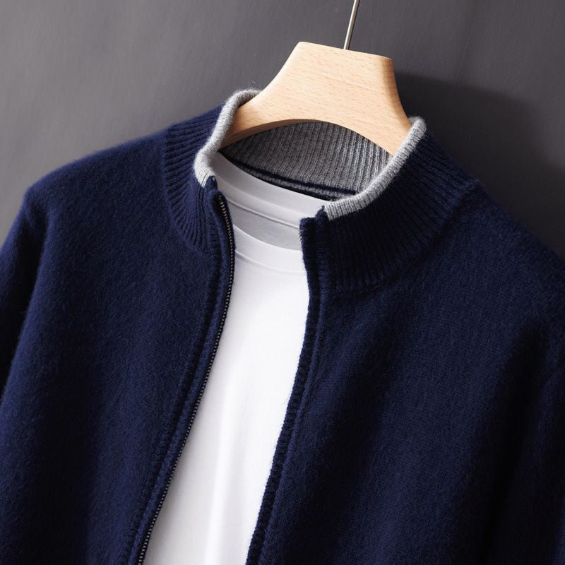 Men's navy zip-up cardigan stand collar contrast trim ribbed detail casual semi-formal layering piece
