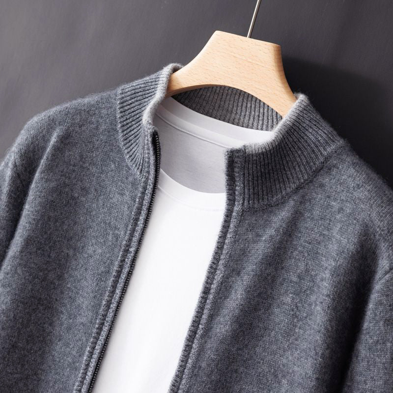 Men's navy zip-up cardigan stand collar contrast trim ribbed cuffs casual semi-formal layer