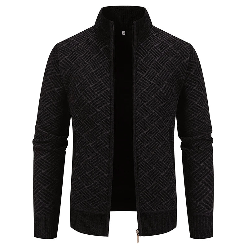 Men's zip-up knit cardigan geometric pattern high collar modern layering versatile lightweight wardrobe