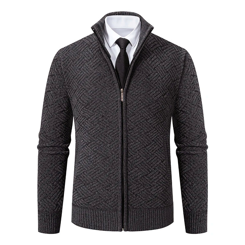 Men's zip-up knit cardigan with geometric pattern, high collar, versatile modern layering style