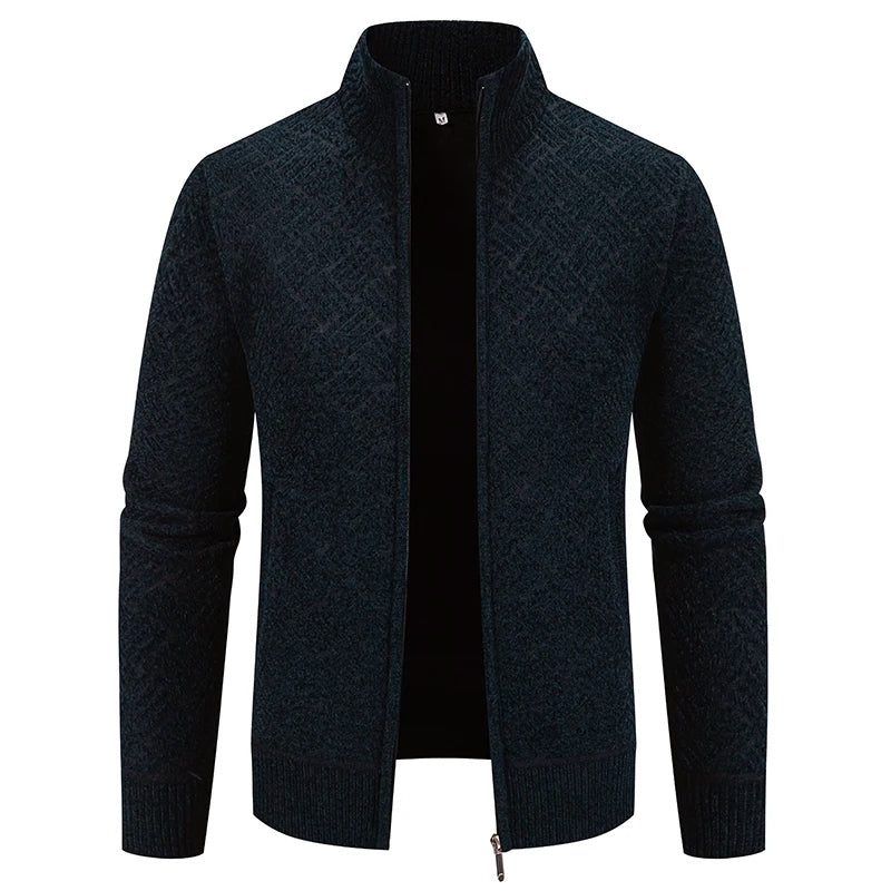Men's zip-up knit cardigan geometric pattern high collar modern layering versatile lightweight