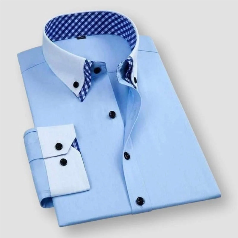 Men's dress shirt white contrast collar cuffs bold inner checkered lining slim formal style