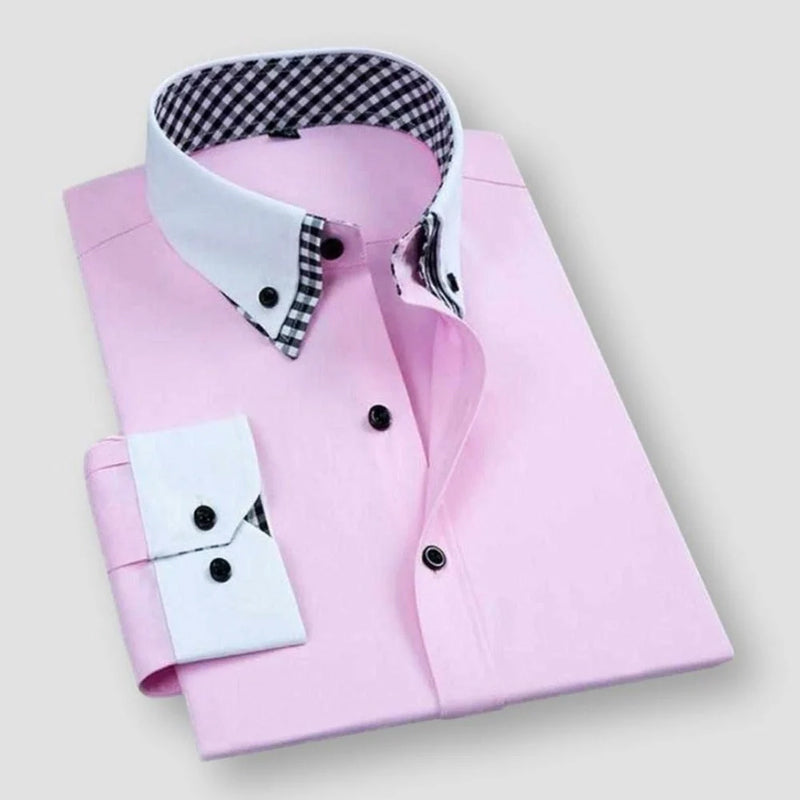 Men's dress shirt white contrast collar cuffs bold inner checkered lining slim formal style