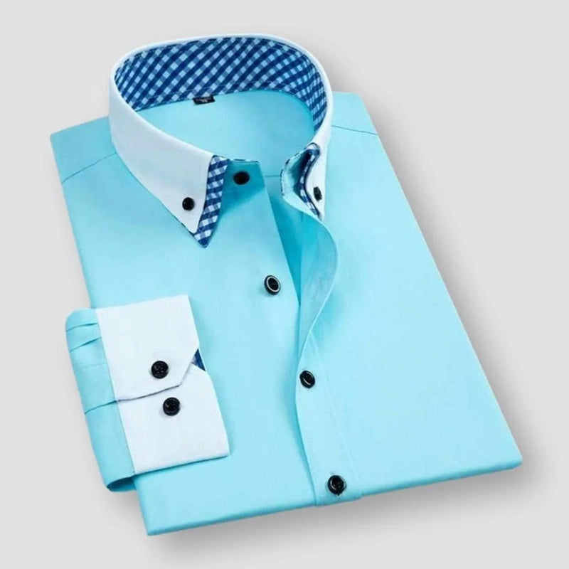 Men's dress shirt white contrast collar cuffs slim fit bold inner checkered lining formal style