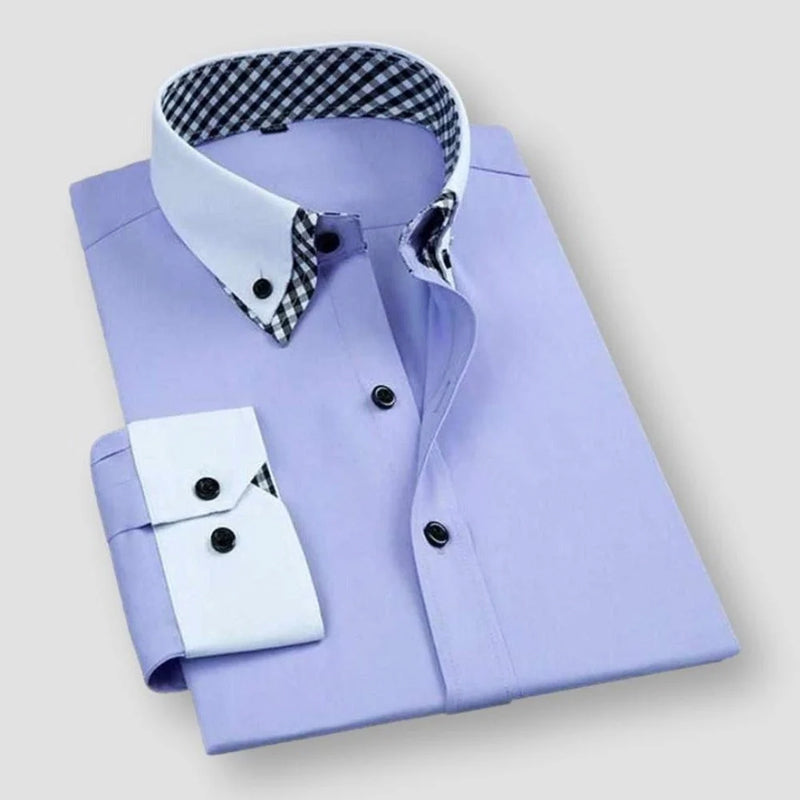 Men's dress shirt white contrast collar cuffs bold inner checkered lining slim formal style