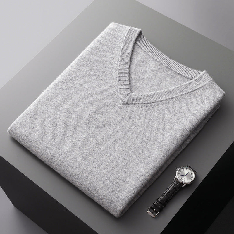 Men's slim fit V-neck wool blend sweater in neutral tone, knit layering piece for smart-casual wear
