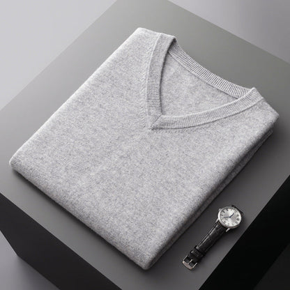 Men's slim fit V-neck wool blend sweater in neutral tone, knit layering piece for smart-casual wear