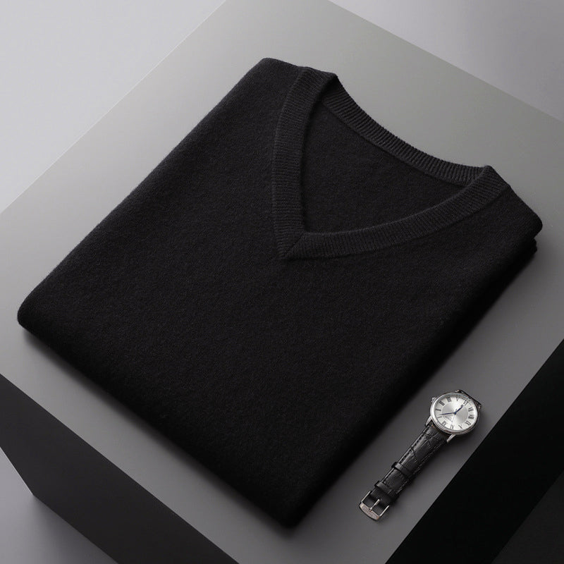 Men's slim fit V-neck wool blend sweater in neutral tone, soft knit perfect for layering
